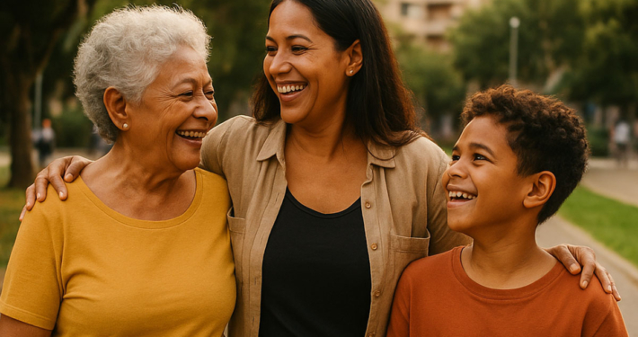 Avó, filha adulta e neto brasileiros caminhando juntos em um parque, sorrindo e demonstrando afeto.