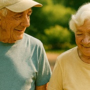 Casal idoso caminhando juntos em um jardim arborizado, representando saúde, bem-estar e cuidado com o coração na terceira idade.