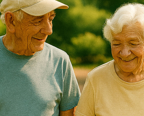 Casal idoso caminhando juntos em um jardim arborizado, representando saúde, bem-estar e cuidado com o coração na terceira idade.