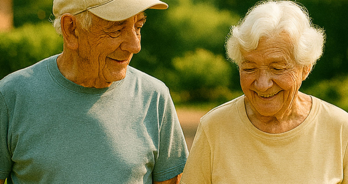 Casal idoso caminhando juntos em um jardim arborizado, representando saúde, bem-estar e cuidado com o coração na terceira idade.