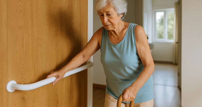 Idosa caminhando com segurança dentro de casa, apoiada em corrimão de acessibilidade em corredor iluminado.