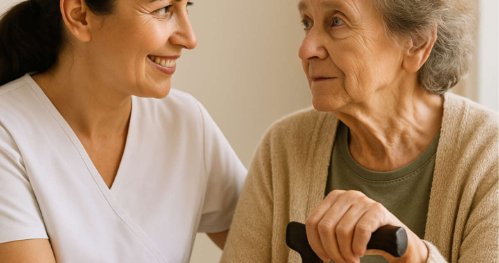 Mulher de meia-idade com esclerose múltipla, usando bengala, recebe apoio de uma cuidadora em casa. As duas trocam olhar acolhedor.
