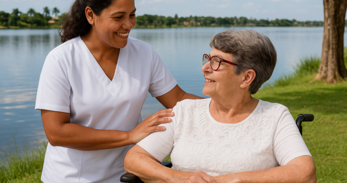 Cuidadora da Mão do Amor sorri para idosa em cadeira de rodas à beira da Represa Municipal de São José do Rio Preto