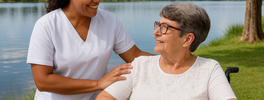 Cuidadora da Mão do Amor sorri para idosa em cadeira de rodas à beira da Represa Municipal de São José do Rio Preto