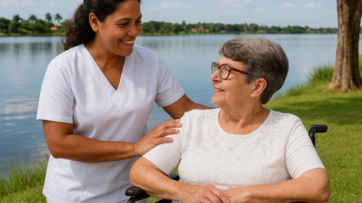Cuidadora da Mão do Amor sorri para idosa em cadeira de rodas à beira da Represa Municipal de São José do Rio Preto