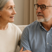 Casal idoso conversando no sofá, representando apoio e diálogo na andropausa na terceira idade.