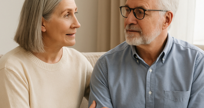 Casal idoso conversando no sofá, representando apoio e diálogo na andropausa na terceira idade.