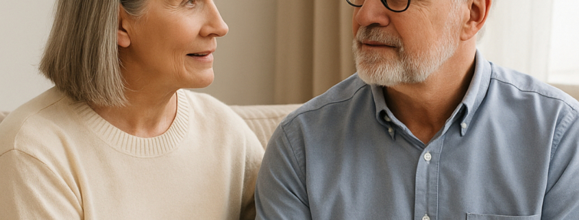 Casal idoso conversando no sofá, representando apoio e diálogo na andropausa na terceira idade.