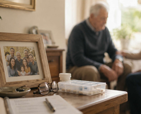 Porta-retrato de família ao lado de medicamentos e objetos de rotina, com um idoso e uma familiar ao fundo em ambiente doméstico