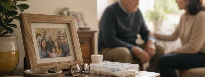 Porta-retrato de família ao lado de medicamentos e objetos de rotina, com um idoso e uma familiar ao fundo em ambiente doméstico