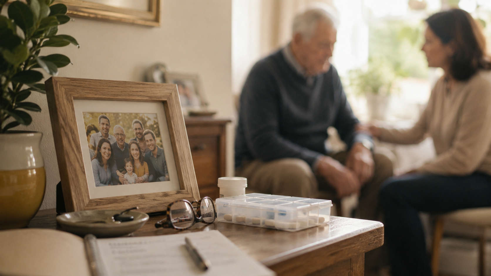 Porta-retrato de família ao lado de medicamentos e objetos de rotina, com um idoso e uma familiar ao fundo em ambiente doméstico